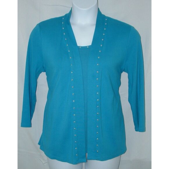 Blue Sz XL Soft Stretchy Cotton Studded Open Jacket & Tank Top 2 Pc Set RAFAELLA - Picture 1 of 7